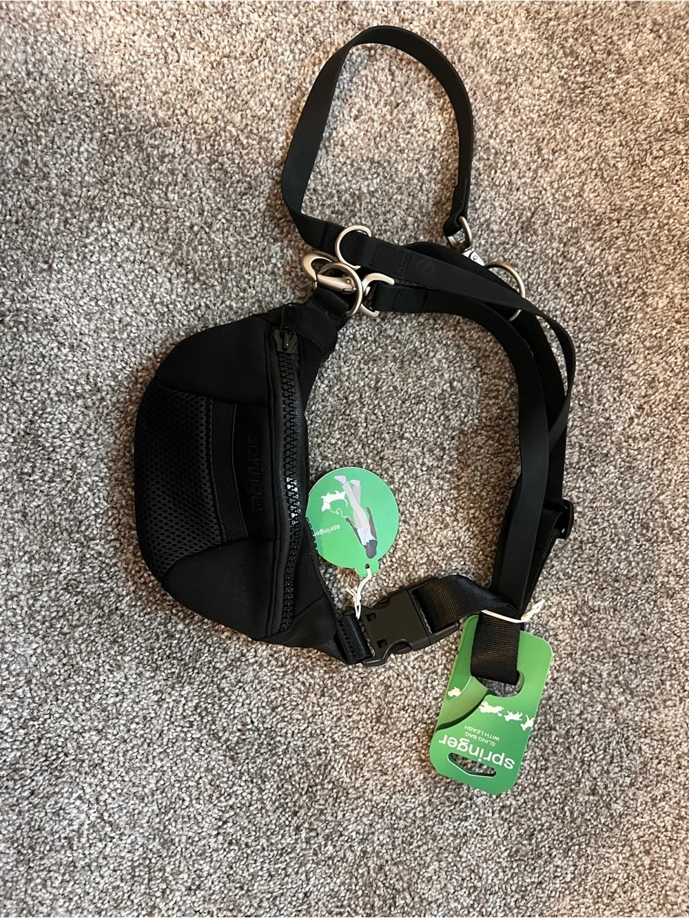 Springer Black Crossbody Belt Bag with dog leash